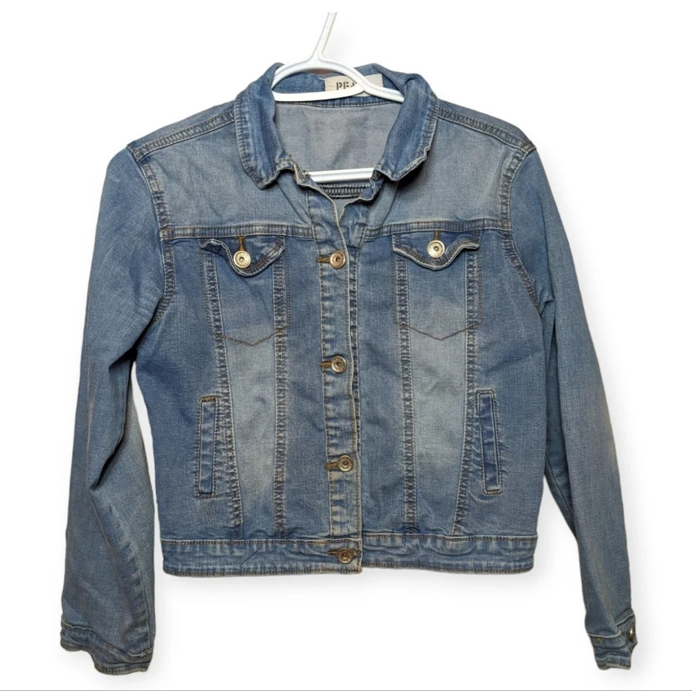 Peace Jeans Denim Jacket Ooistance Cropped Button Up Front Large Woman's